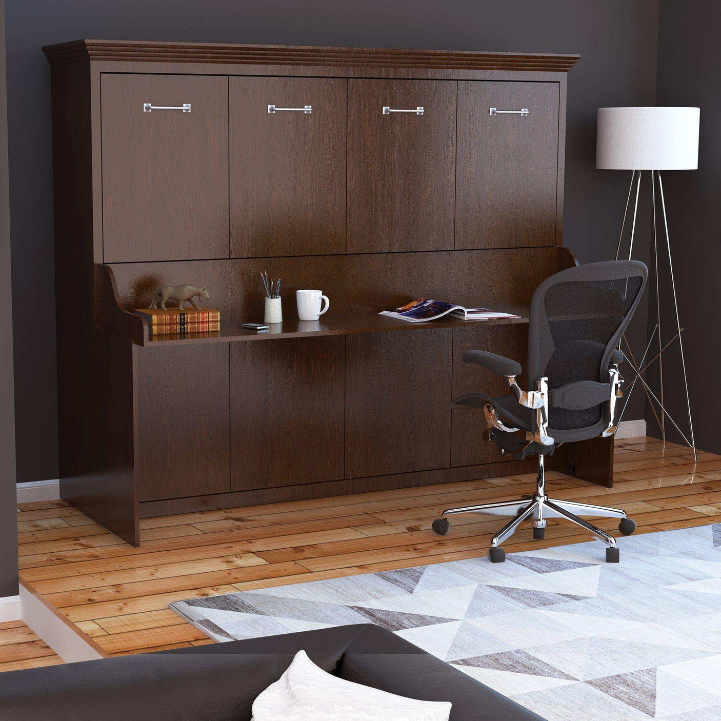 Modern walnut queen Murphy bed with desk, ergonomic chair, and floor lamp in home office