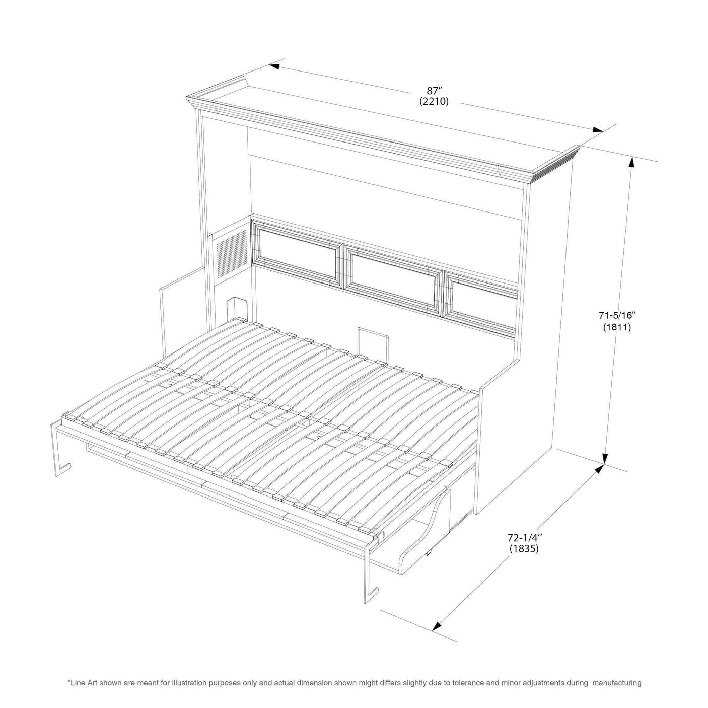 Queen size horizontal Murphy bed with desk and headboard, line drawing with dimensions
