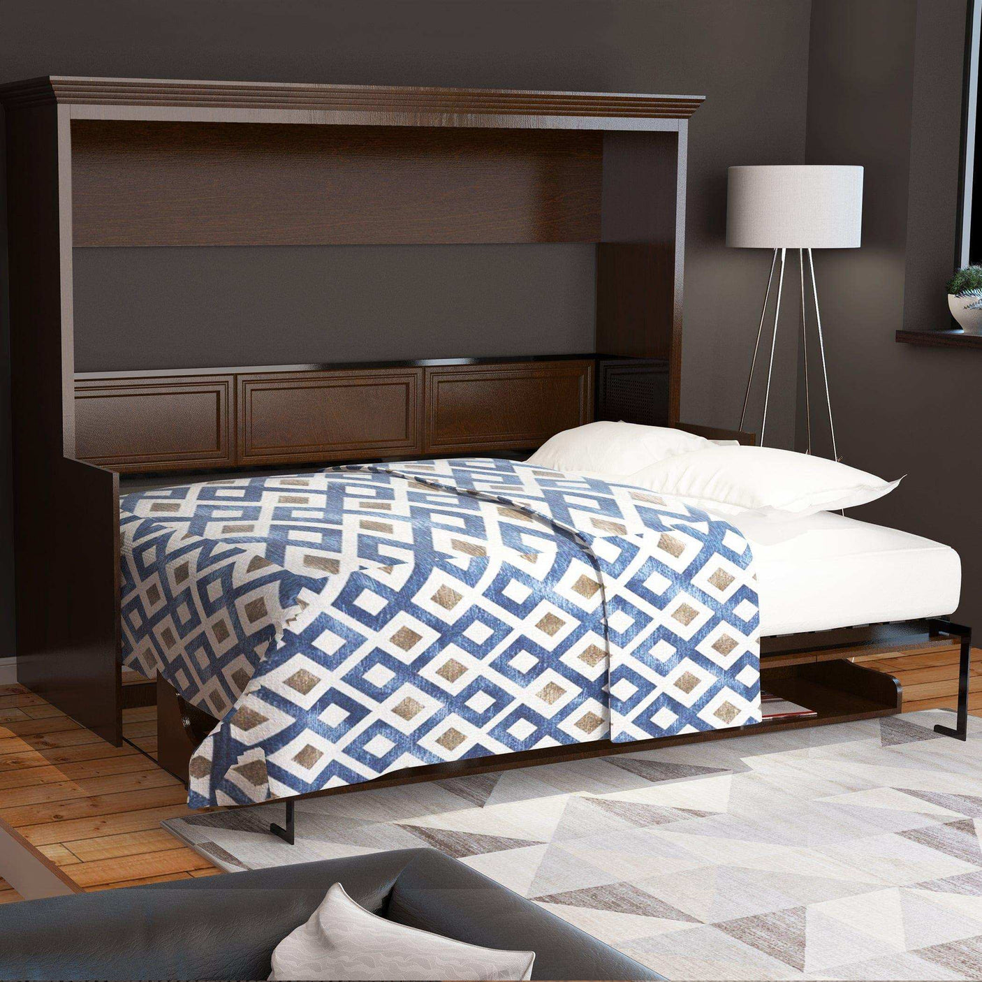 Queen horizontal Murphy bed with walnut finish and geometric bedding in modern bedroom