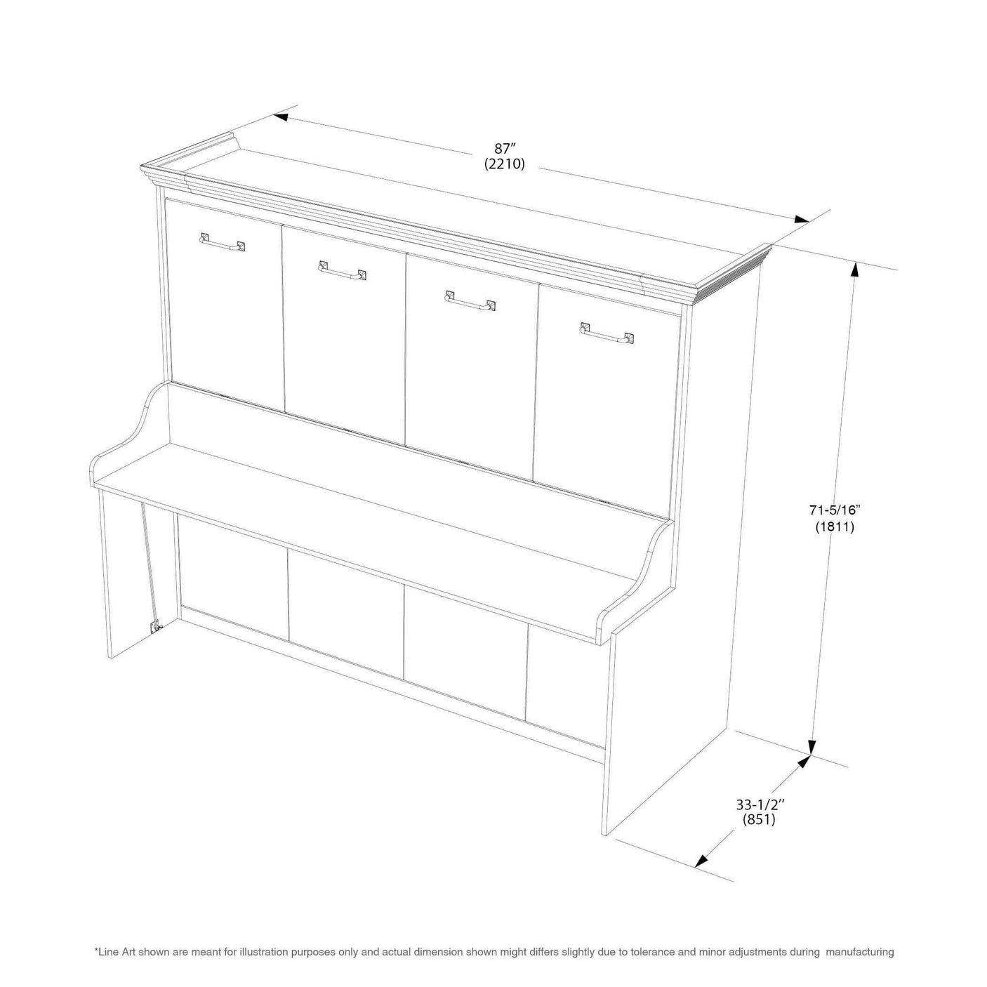 Queen Murphy bed with desk and headboard, Allegra horizontal walnut, dimension diagram