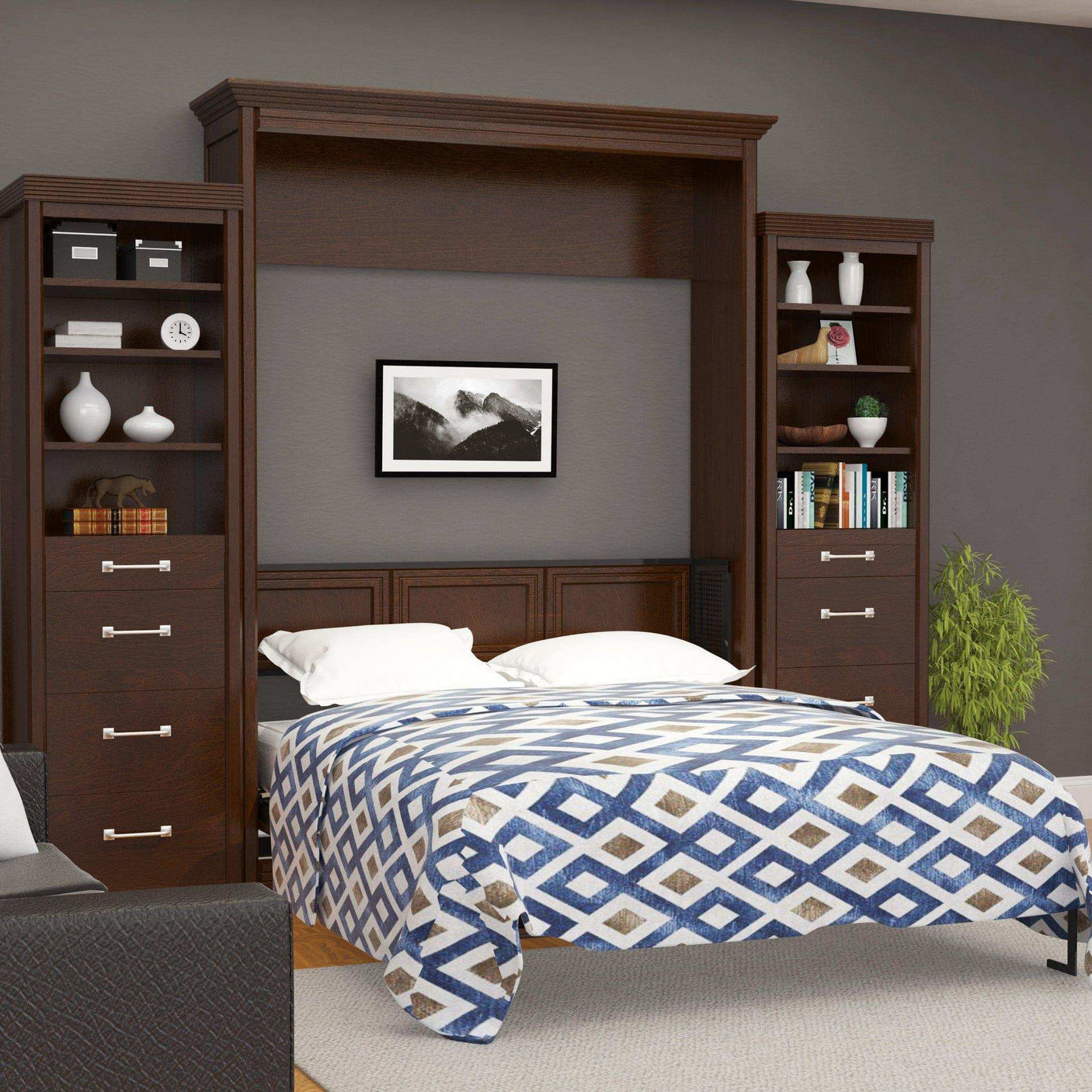 Queen Murphy bed with headboard, walnut finish, two side towers, geometric blue blanket