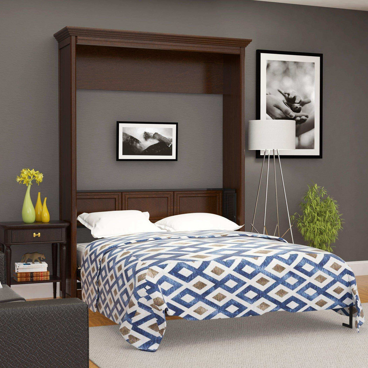 Modern bedroom with queen walnut Murphy bed, geometric blue bedding, nightstand, and decor.