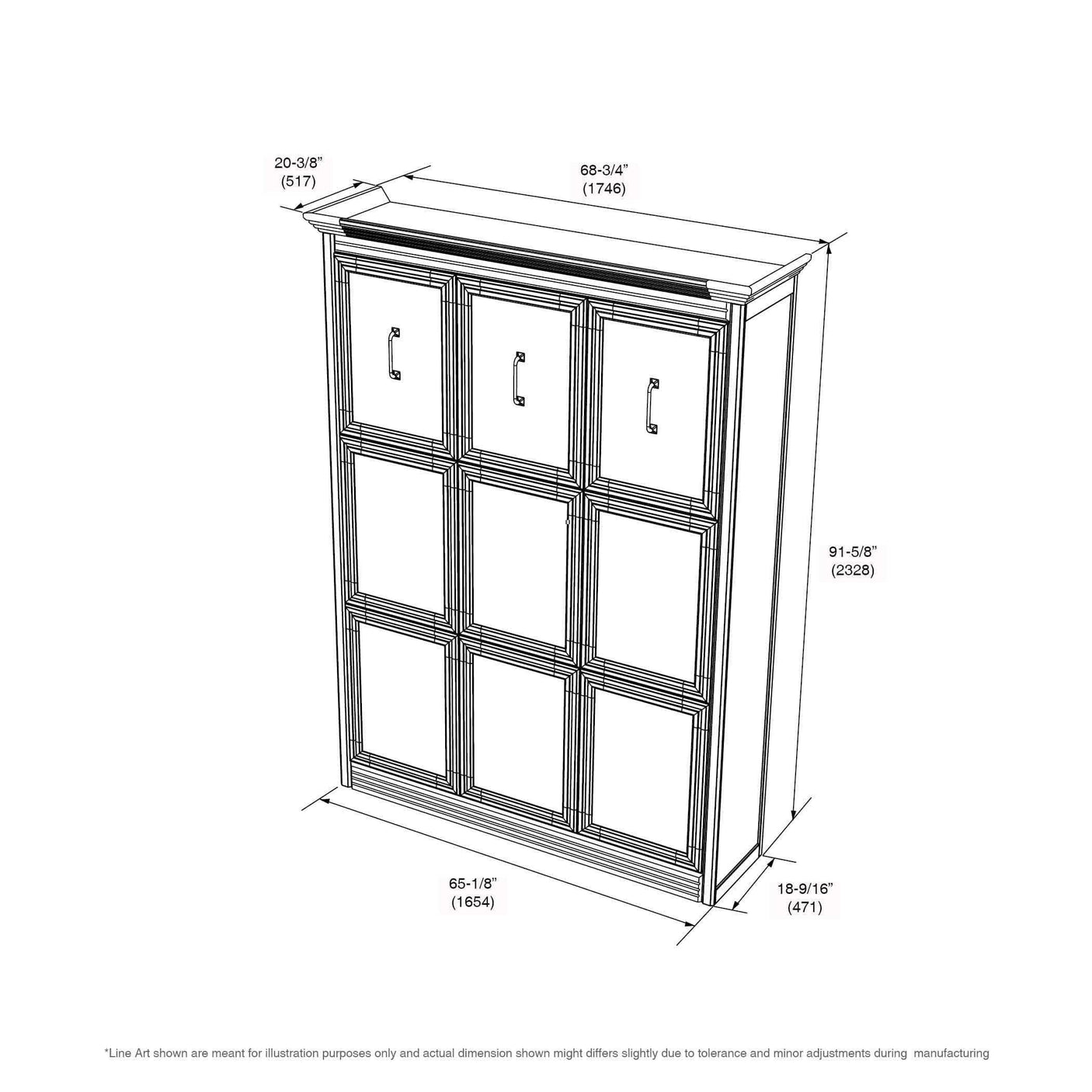 Queen Murphy bed cabinet diagram with side towers, vertical walnut finish, and dimensions