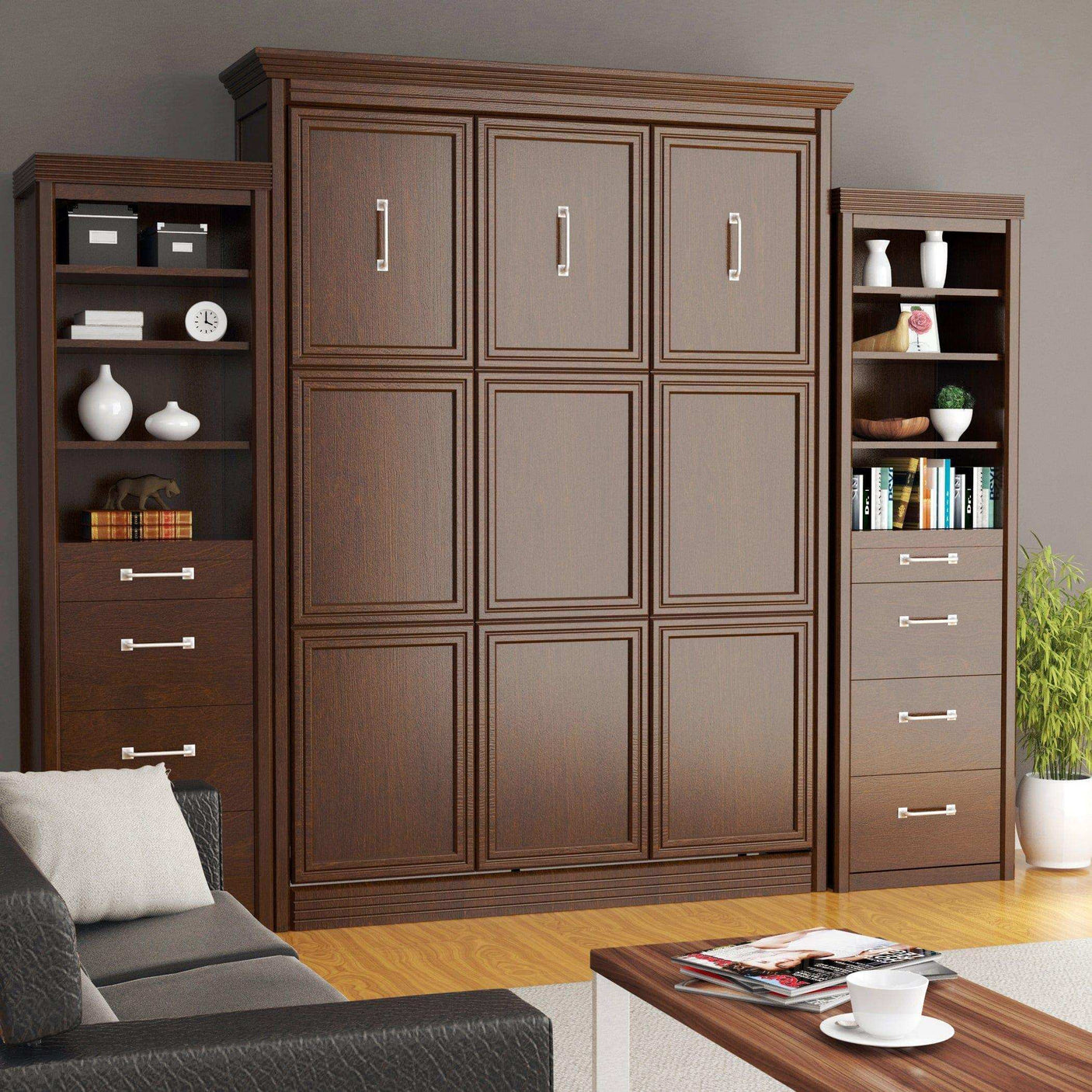 Queen vertical walnut Murphy bed with headboard and side towers in modern living room
