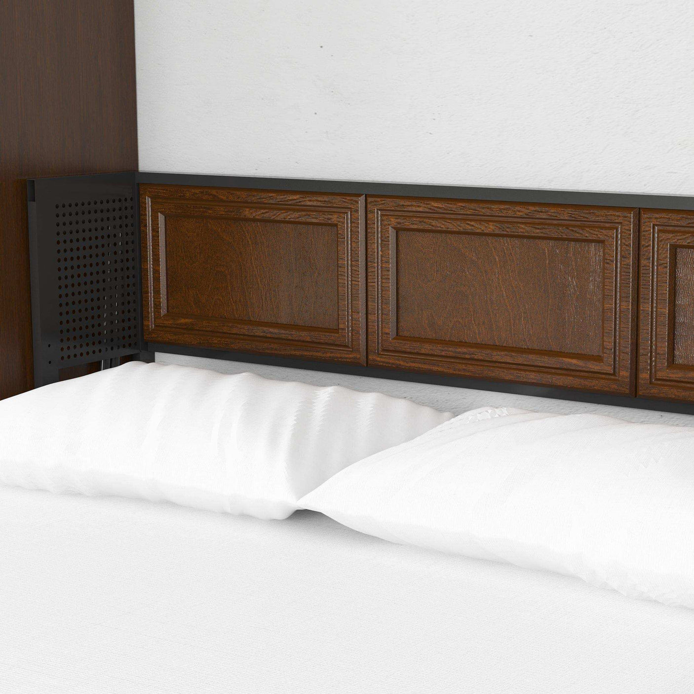 Queen murphy bed with walnut wood headboard and side tower in modern bedroom