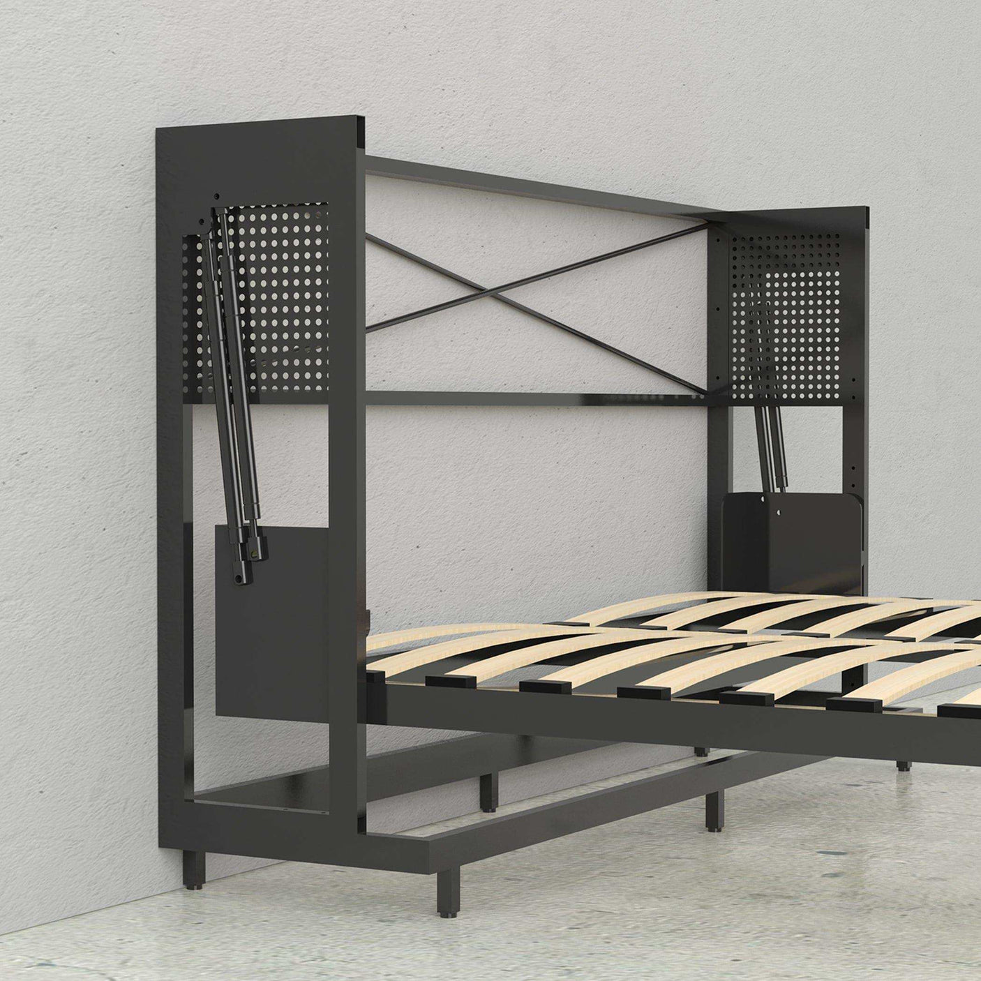 Modern metal Murphy bed frame with wood slats in a minimalist bedroom setting