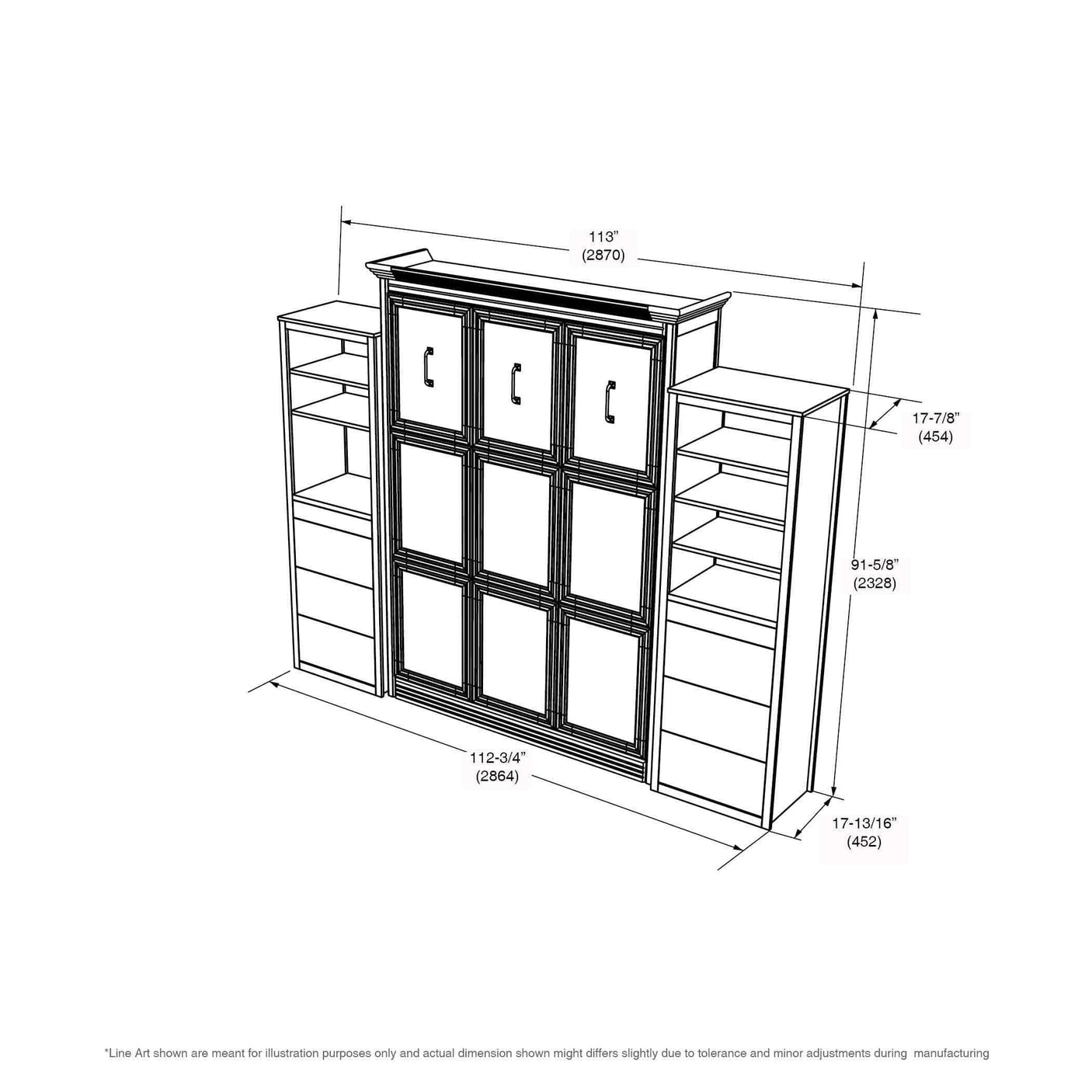 Queen Murphy bed with headboard, two side towers, walnut finish, illustrated dimensions