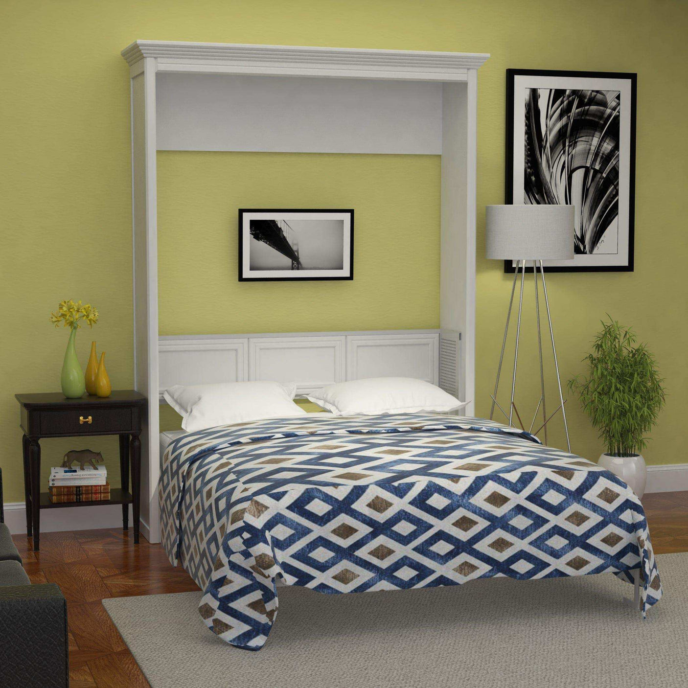 Queen white Murphy bed with headboard in modern bedroom, geometric bedspread, side table