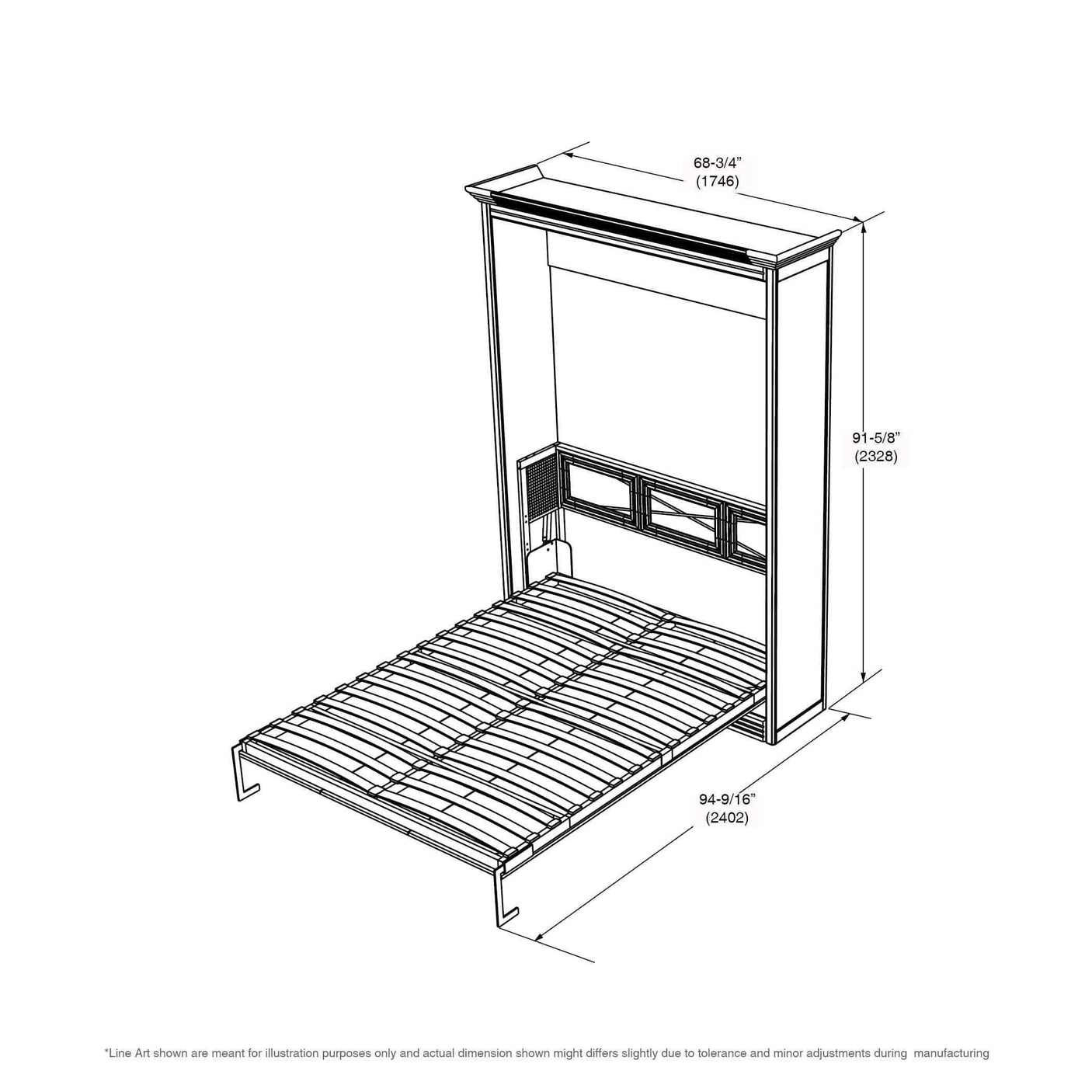 Queen Murphy bed frame diagram with headboard and dimensions in white line drawing