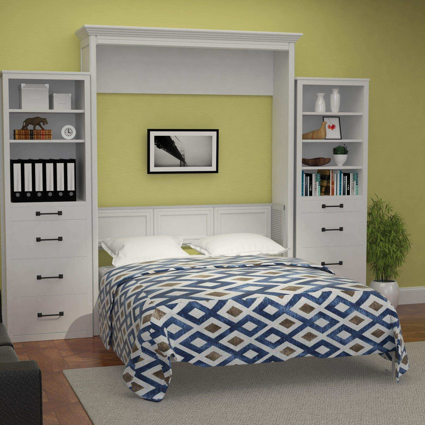 Queen Murphy bed with white headboard, two side towers, shelves and drawers in a modern bedroom