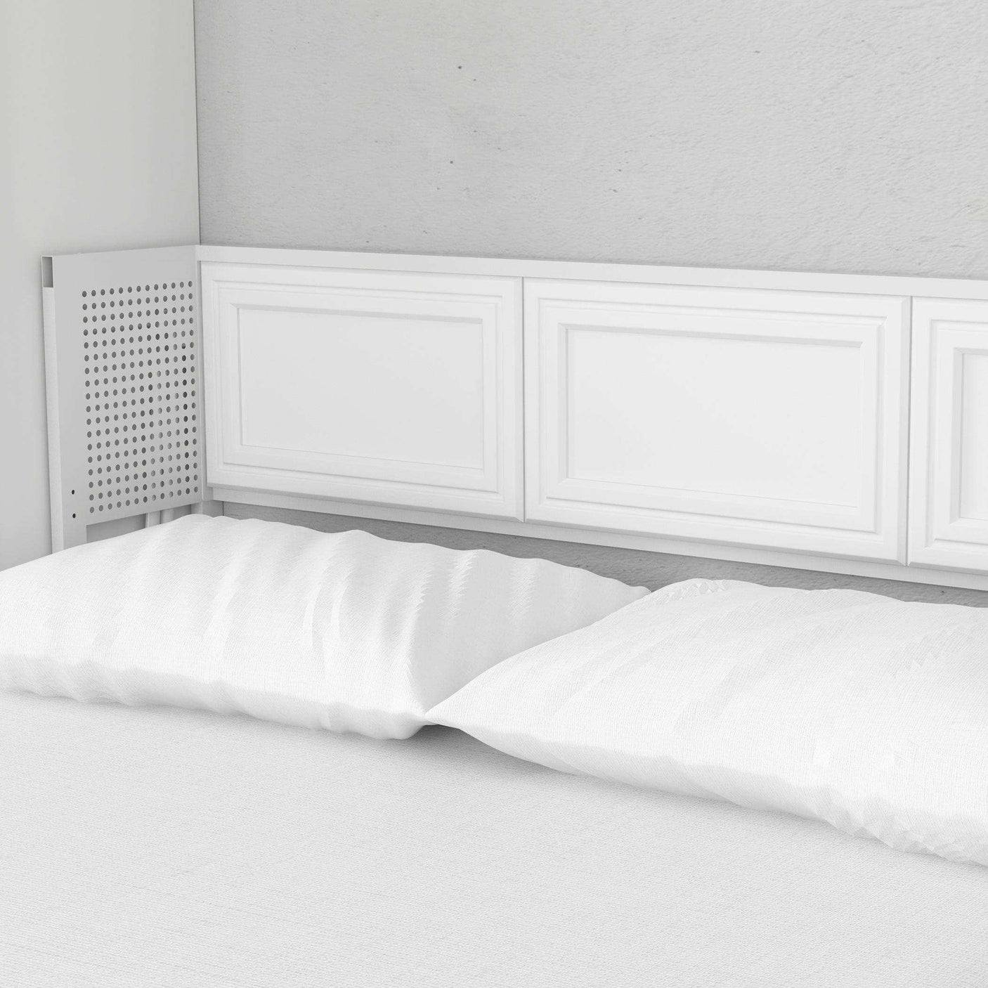 White queen Murphy bed with panel headboard and side tower, modern bedroom furniture