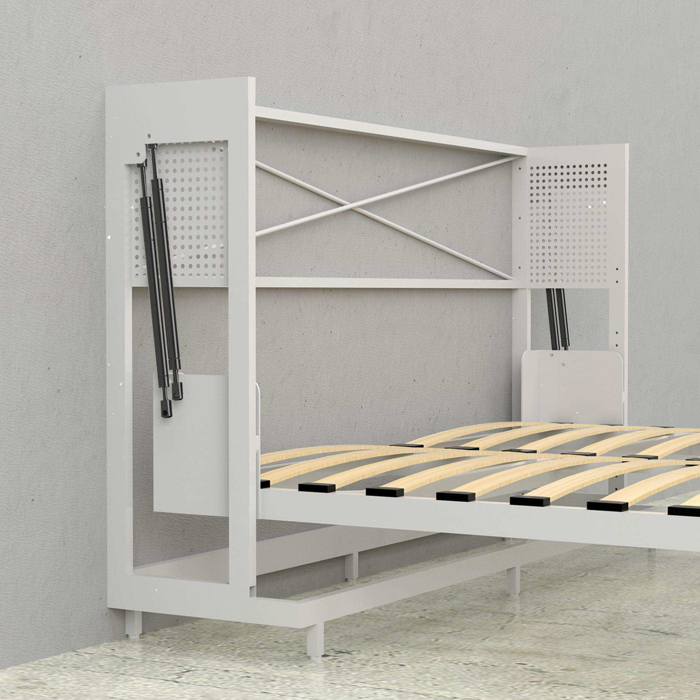 White queen murphy bed frame with slatted base and metal side towers against gray wall