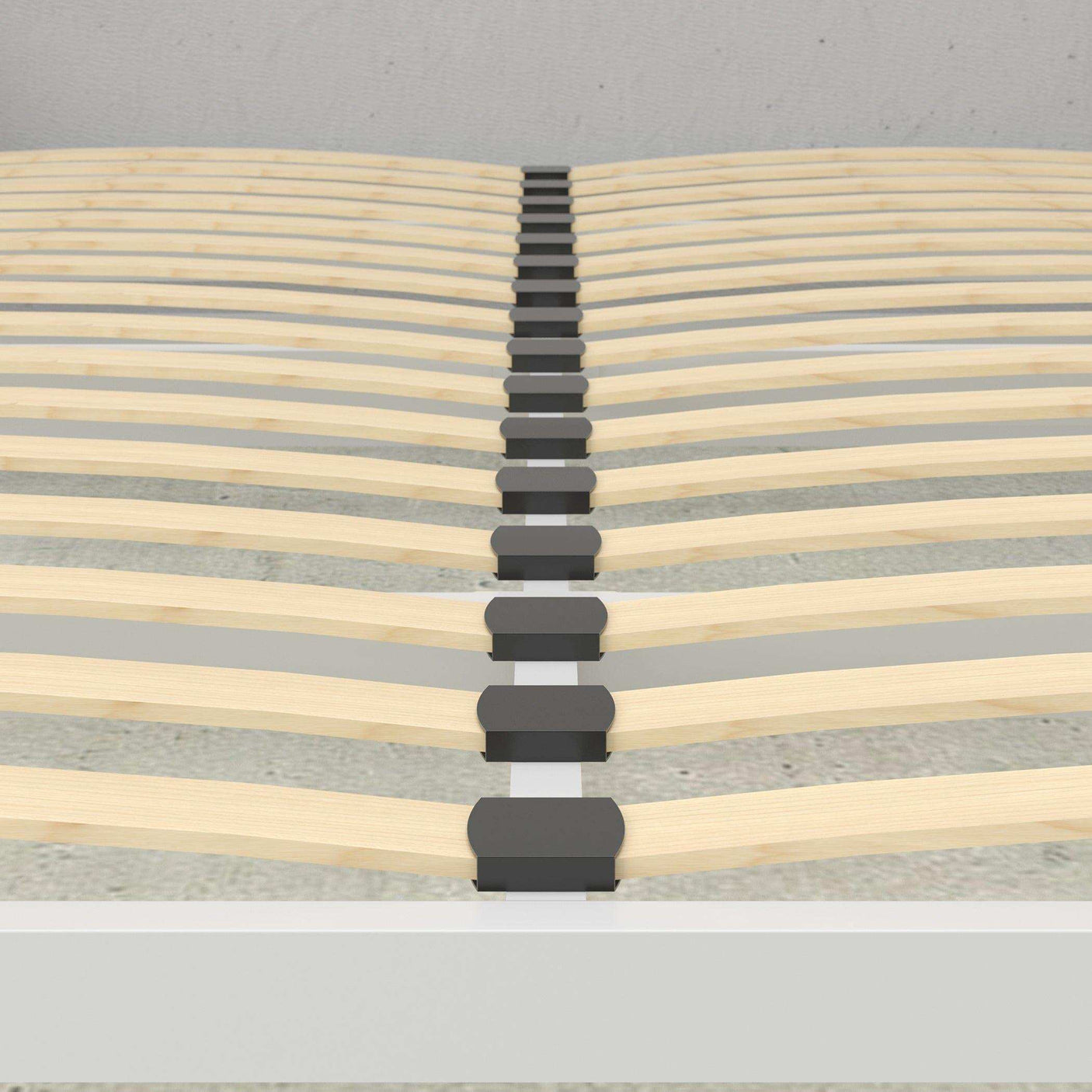 Close-up of wooden slats on a queen Murphy bed frame, modern bedroom furniture detail