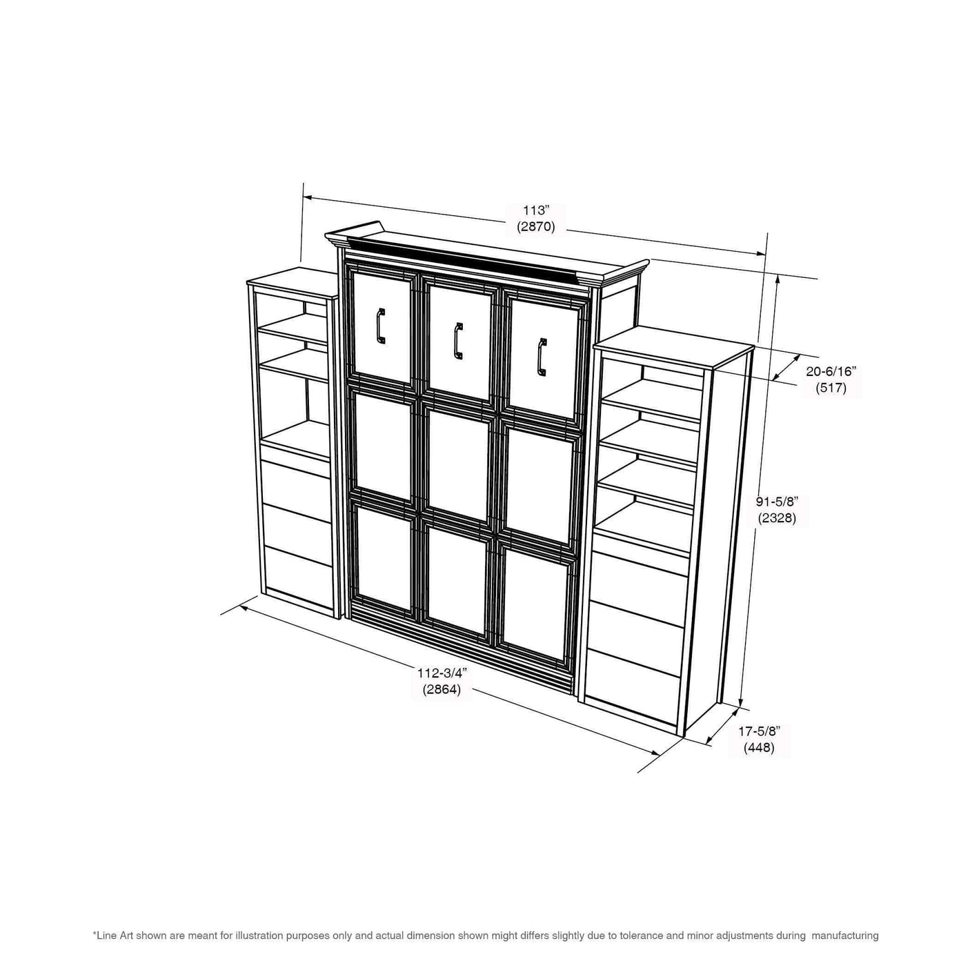Queen Murphy bed with headboard, two side towers, shelving and dimensions diagram