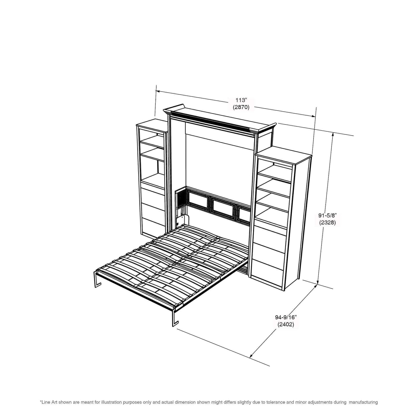 Queen murphy bed with headboard, two tall side towers, shelving, and dimensions diagram