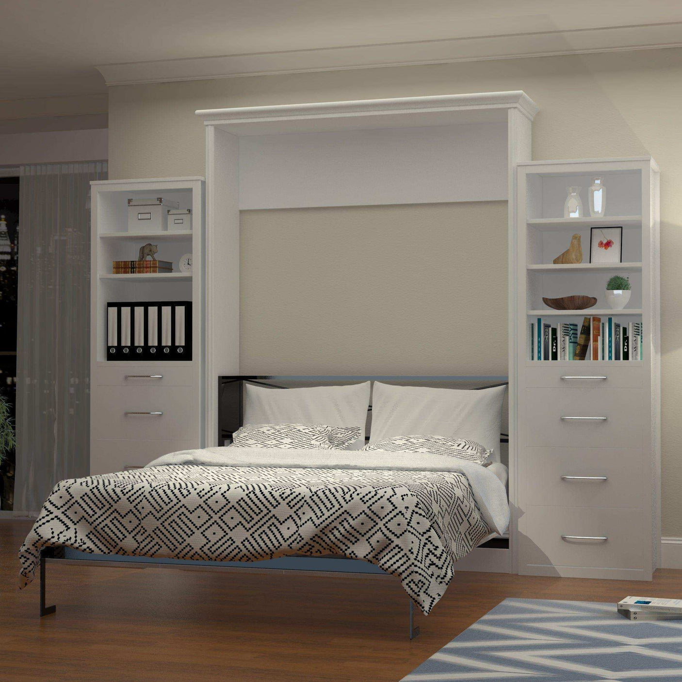 White vertical queen Murphy bed with two side towers and storage in modern bedroom