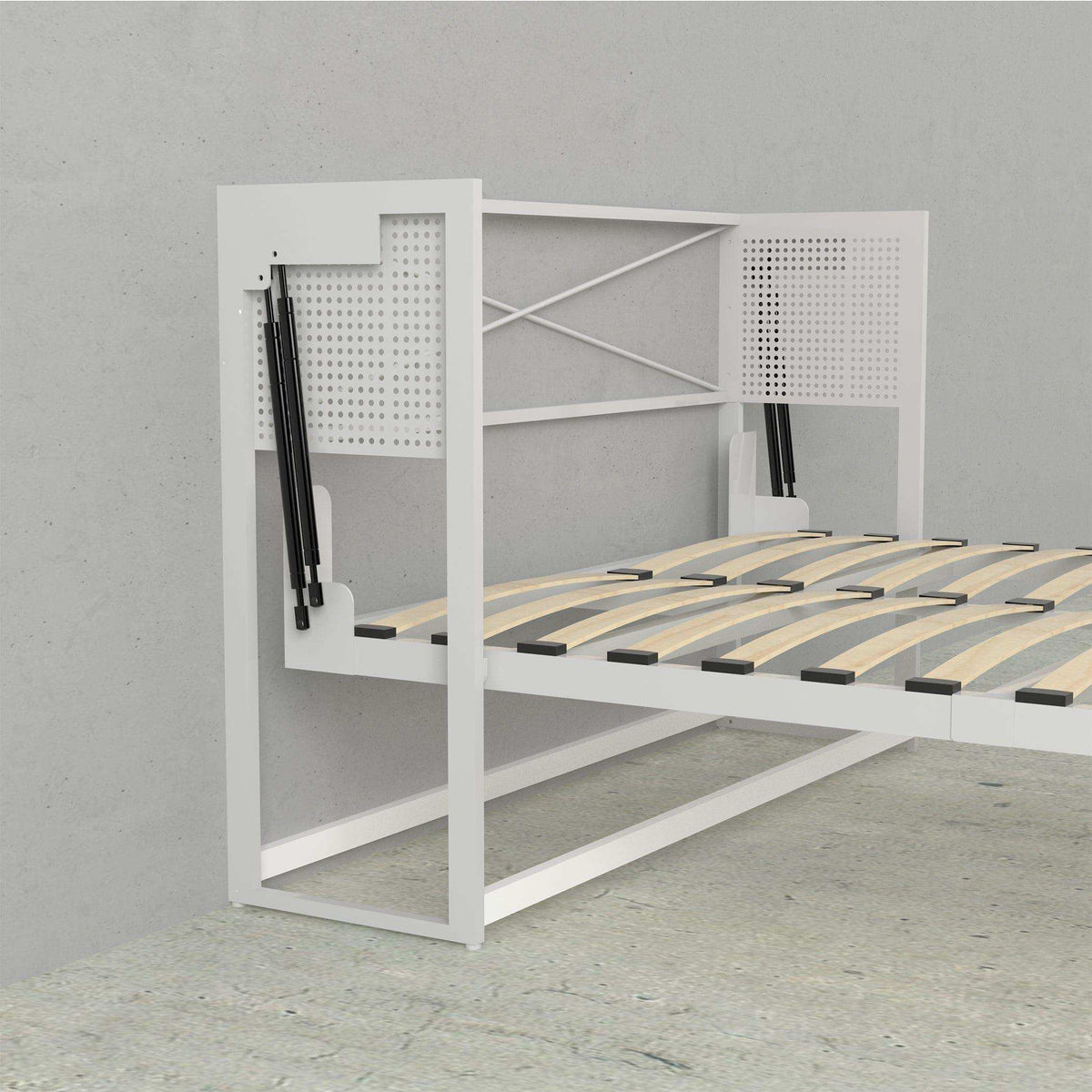 White queen Murphy bed frame with vertical slats and side storage, modern bedroom