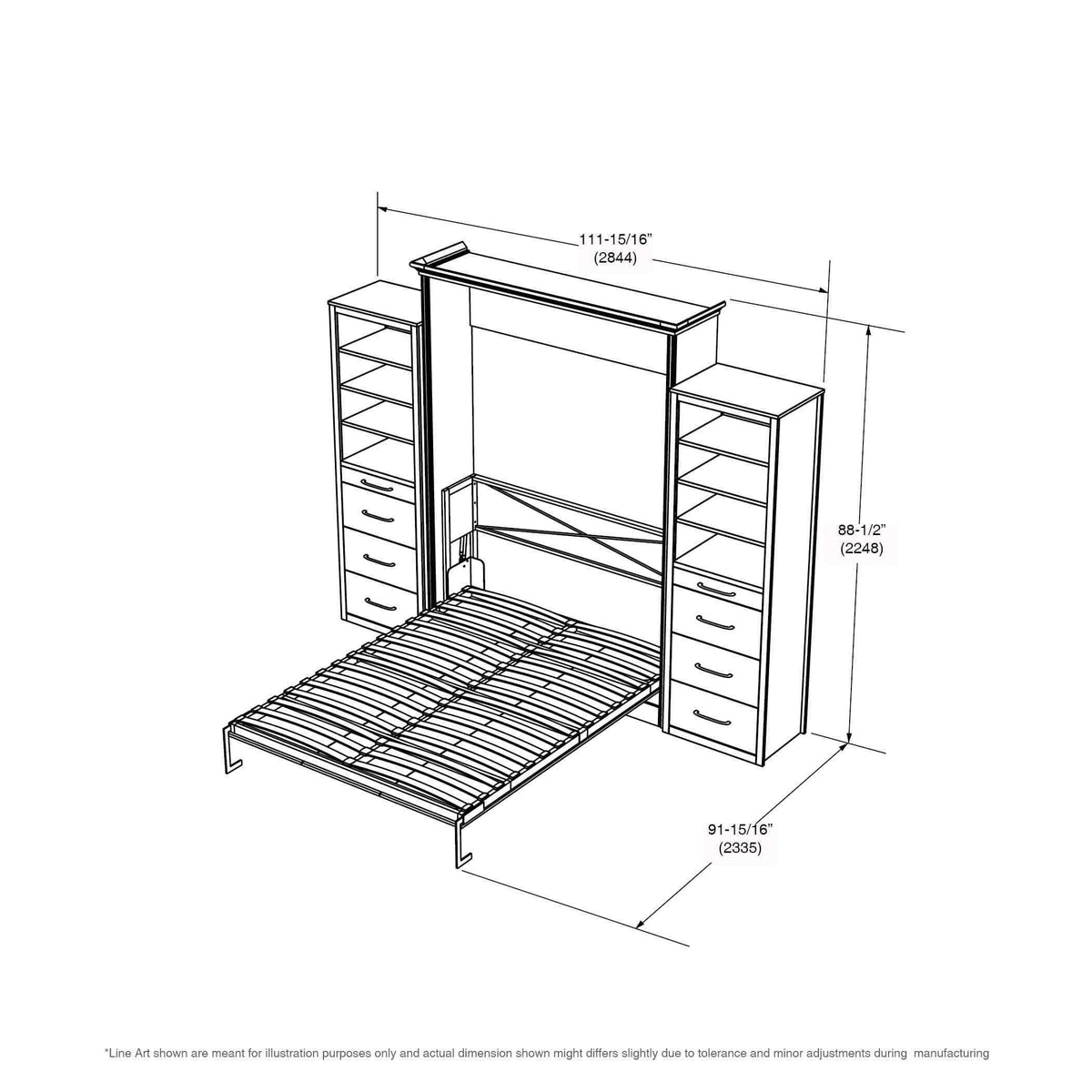 Queen Murphy bed with two side storage towers, white frame, dimensioned line drawing