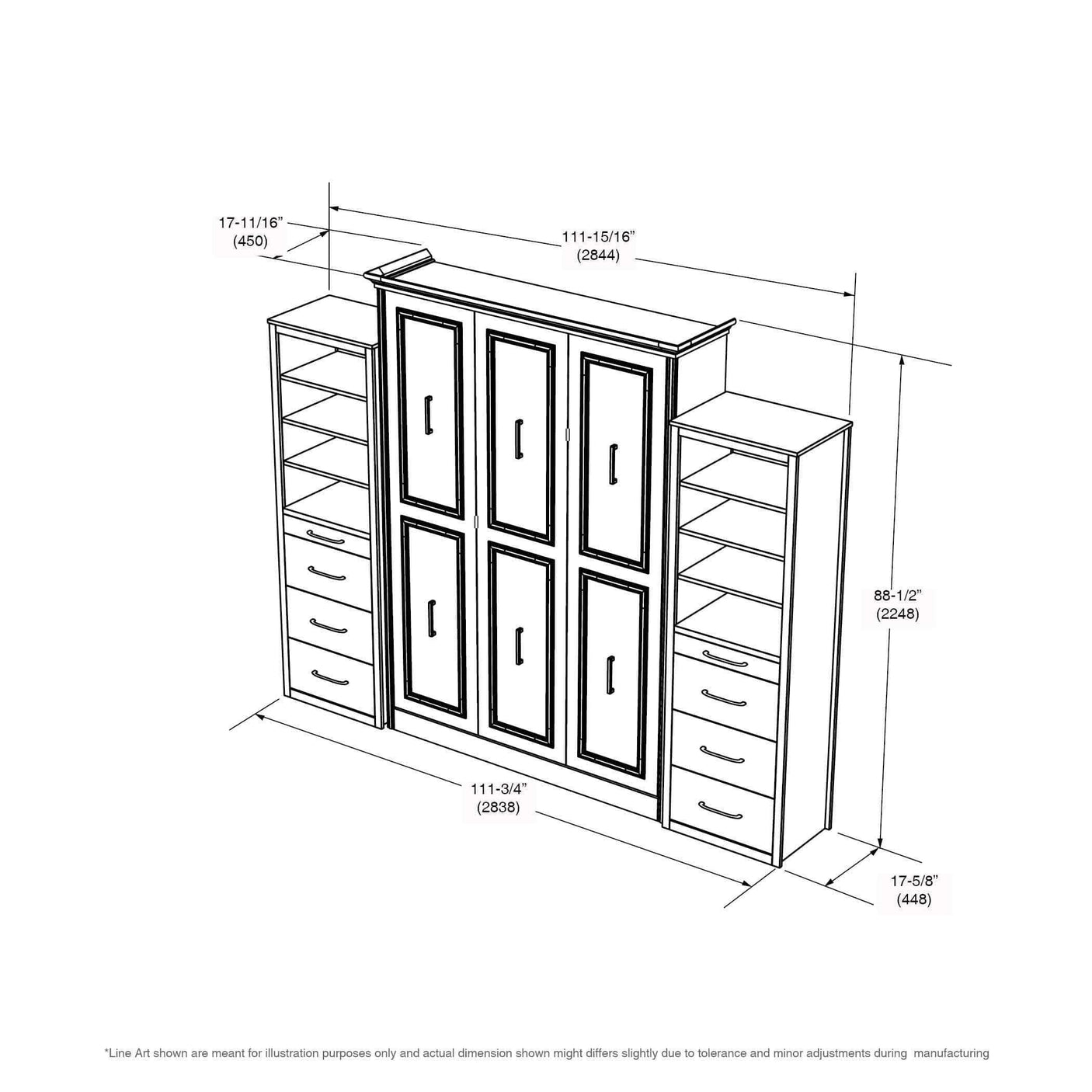 Queen Murphy bed with side towers, shelving, drawers, and dimensions in black and white line art