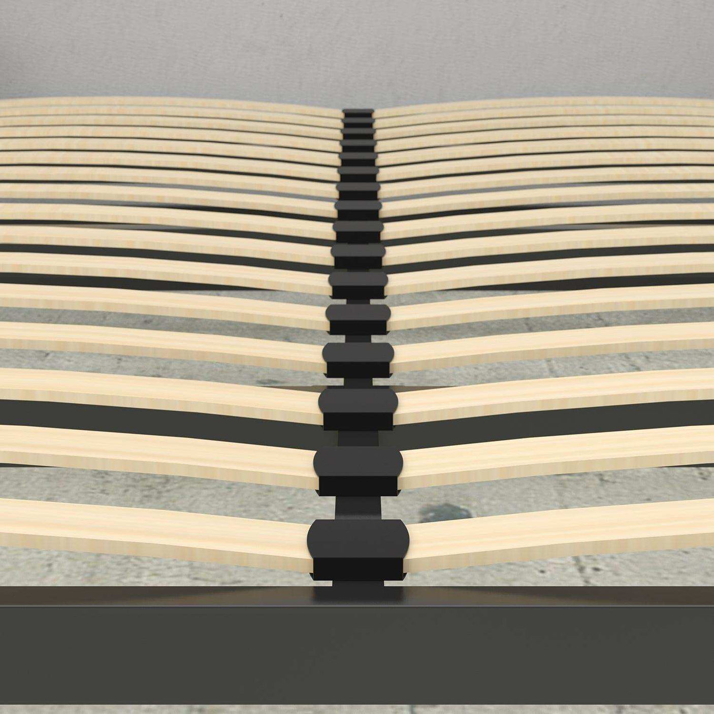 Wooden slat Murphy bed frame with black connectors over grey floor