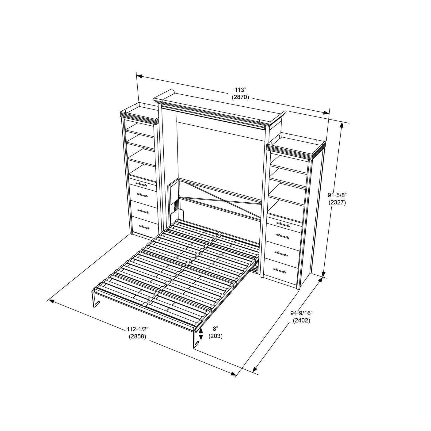 Queen Murphy bed with two side towers, storage shelves, drawers, and precise dimensions diagram