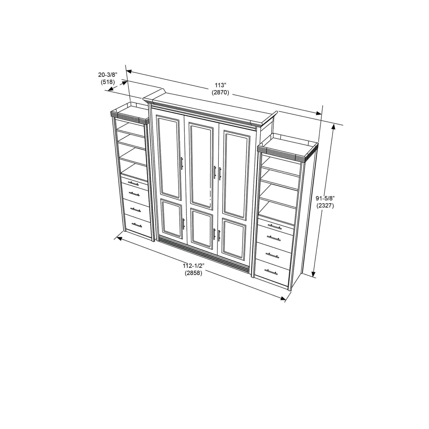 Queen Murphy bed with side towers, shelves, drawers, and dimensions labeled