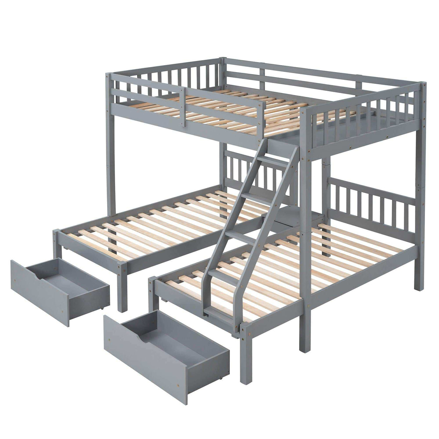 Triple Bunk Bed, Full Over Twin-Twin, Drawers & Nightstand, Gray