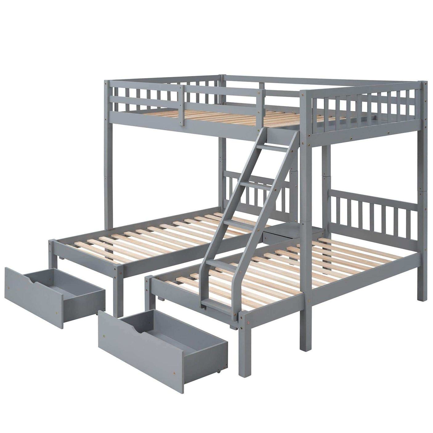 Triple Bunk Bed, Full Over Twin-Twin, Drawers & Nightstand, Gray
