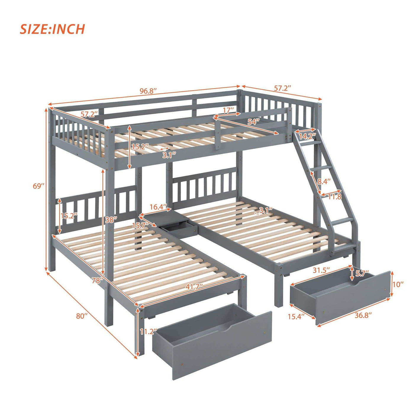 Triple Bunk Bed, Full Over Twin-Twin, Drawers & Nightstand, Gray