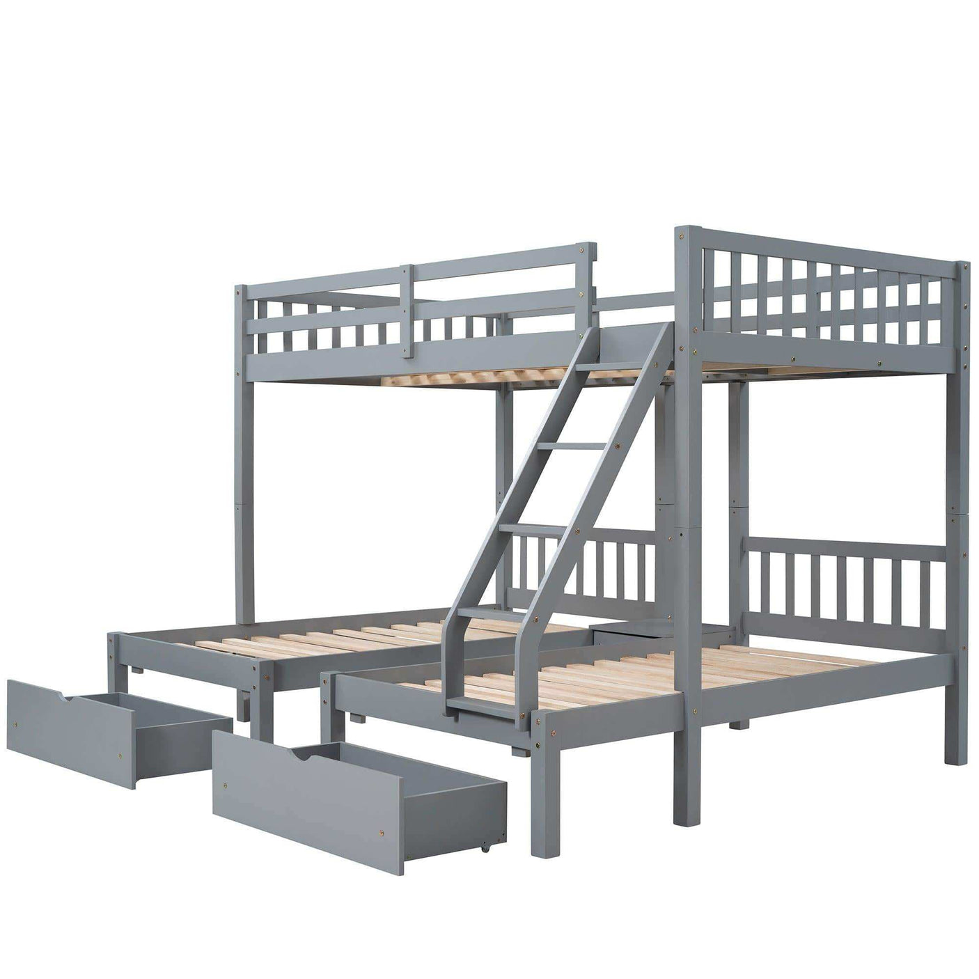 Triple Bunk Bed, Full Over Twin-Twin, Drawers & Nightstand, Gray