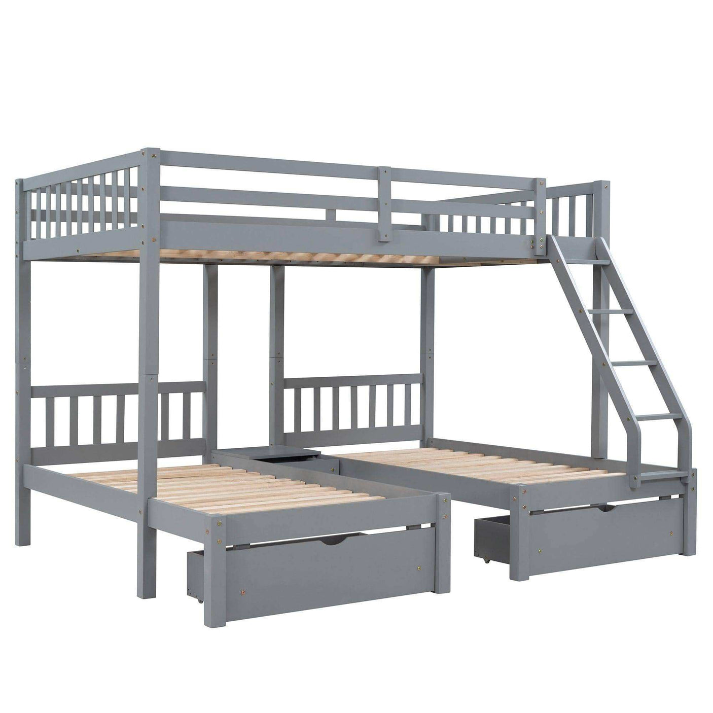 Triple Bunk Bed, Full Over Twin-Twin, Drawers & Nightstand, Gray