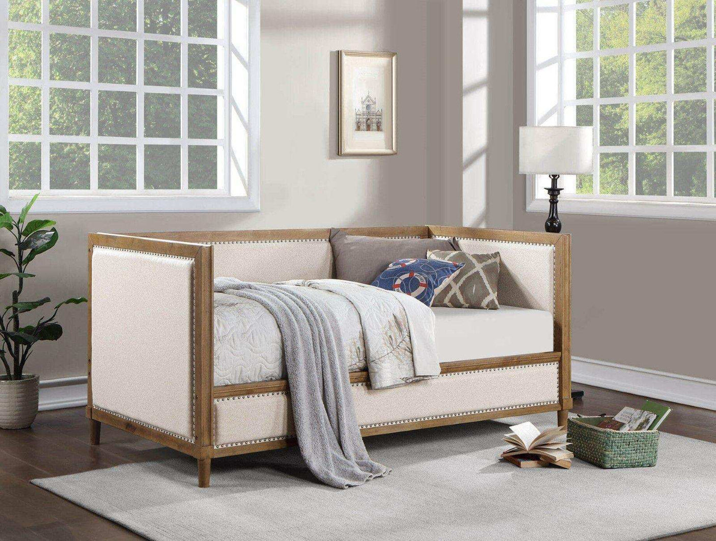 Twin Daybed, Upholstered with Nailhead Trim, Light Oak - Beige Fabric
