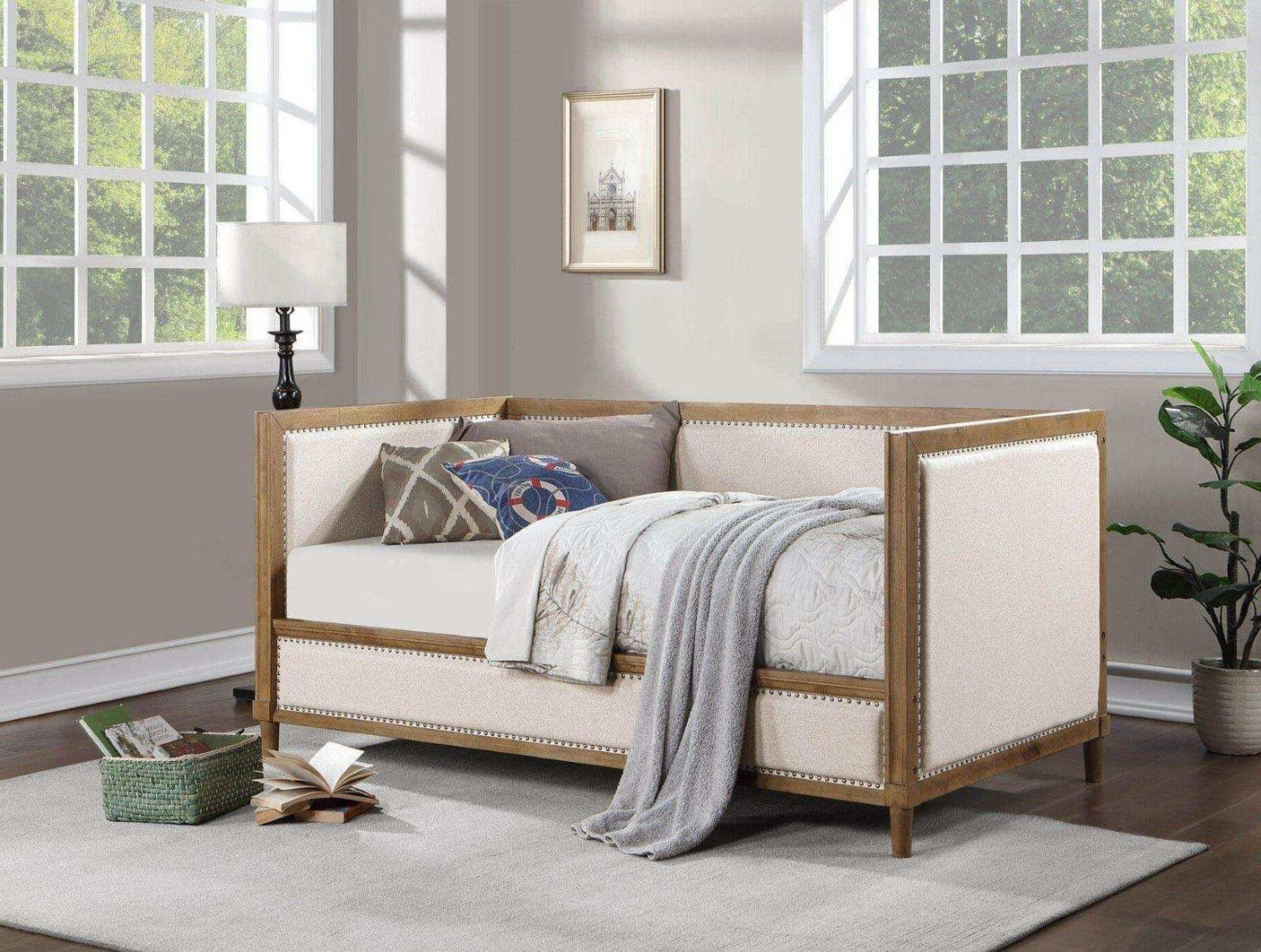 Twin Daybed, Upholstered with Nailhead Trim, Light Oak - Beige Fabric