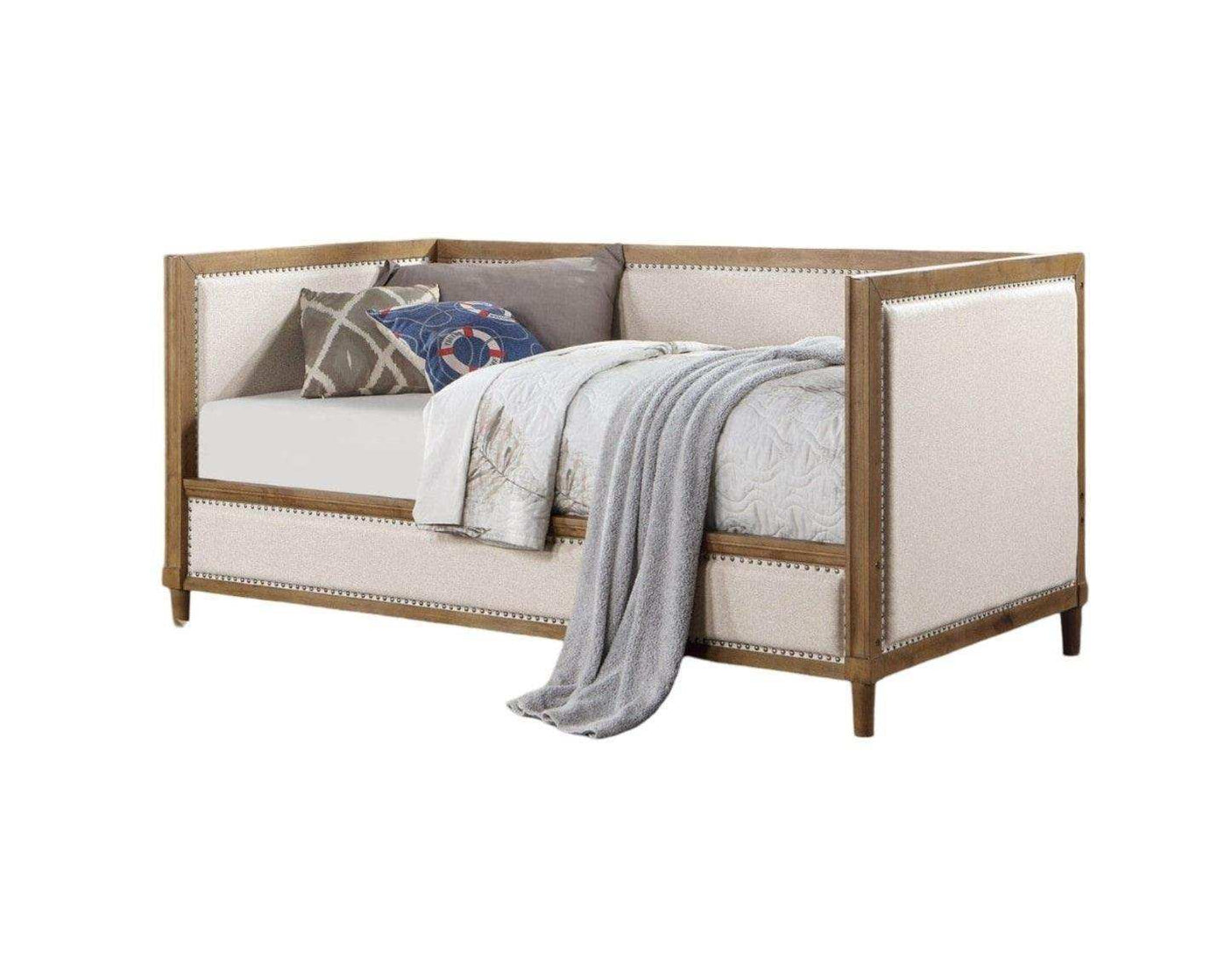 Twin Daybed, Upholstered with Nailhead Trim, Light Oak - Beige Fabric