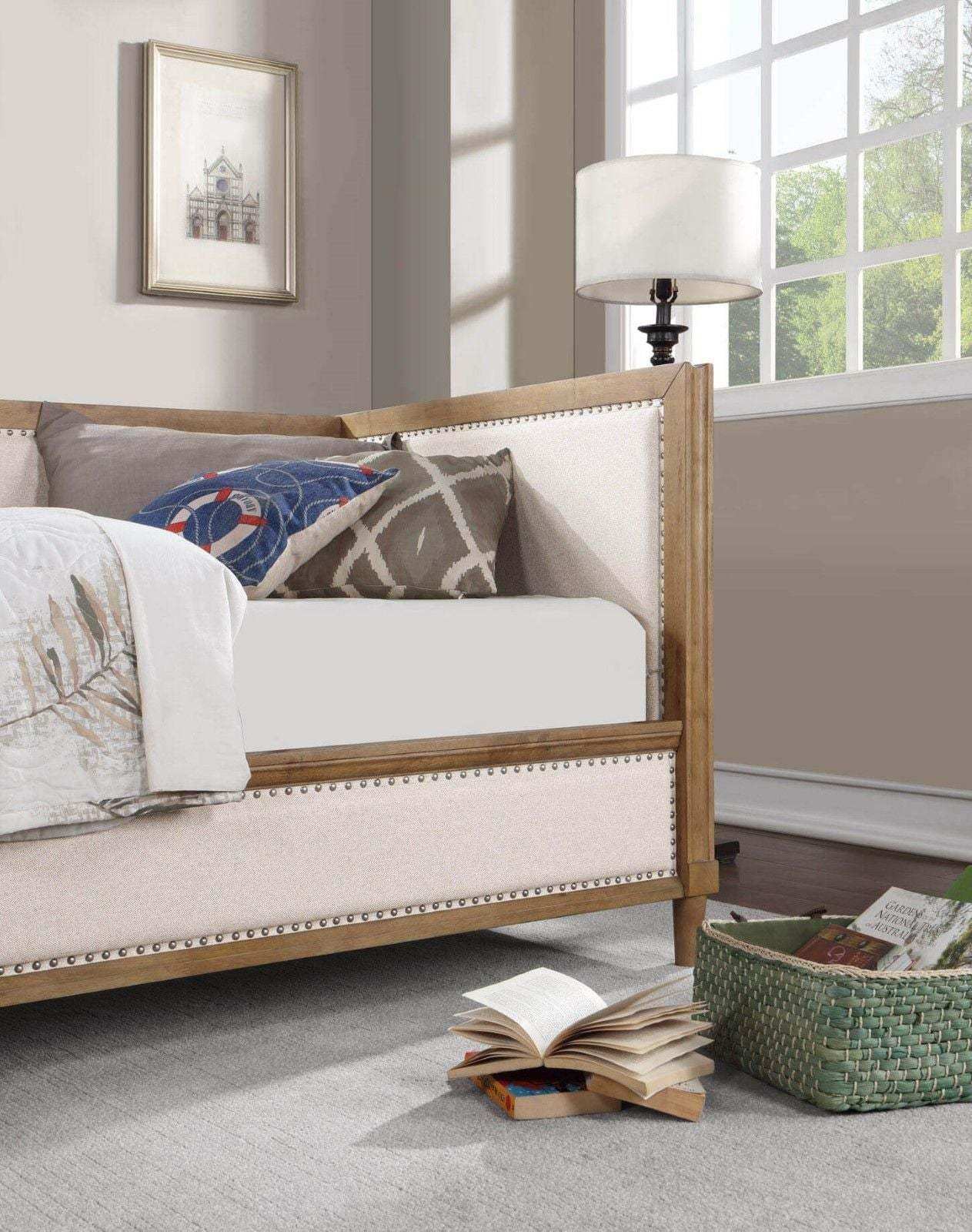 Twin Daybed, Upholstered with Nailhead Trim, Light Oak - Beige Fabric