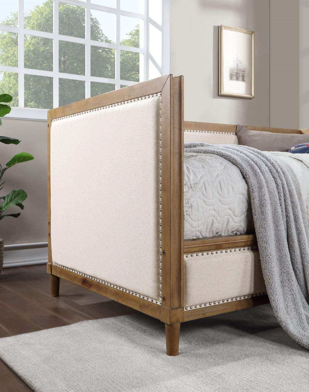 Twin Daybed, Upholstered with Nailhead Trim, Light Oak - Beige Fabric