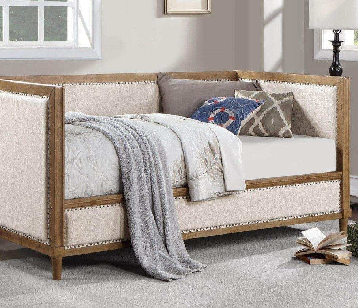 Twin Daybed, Upholstered with Nailhead Trim, Light Oak - Beige Fabric