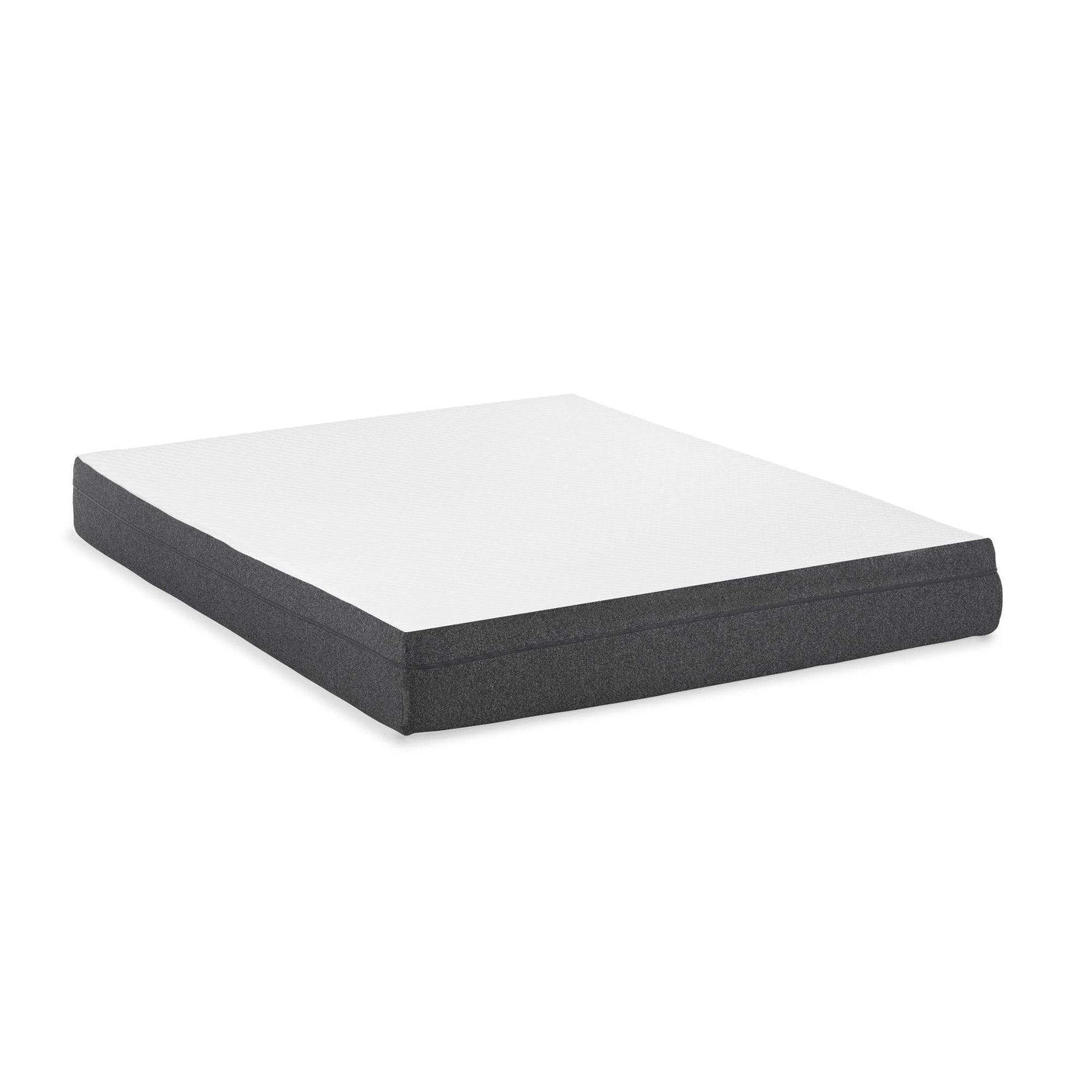 Twin size mattress with white top and dark gray edge support, memory foam design