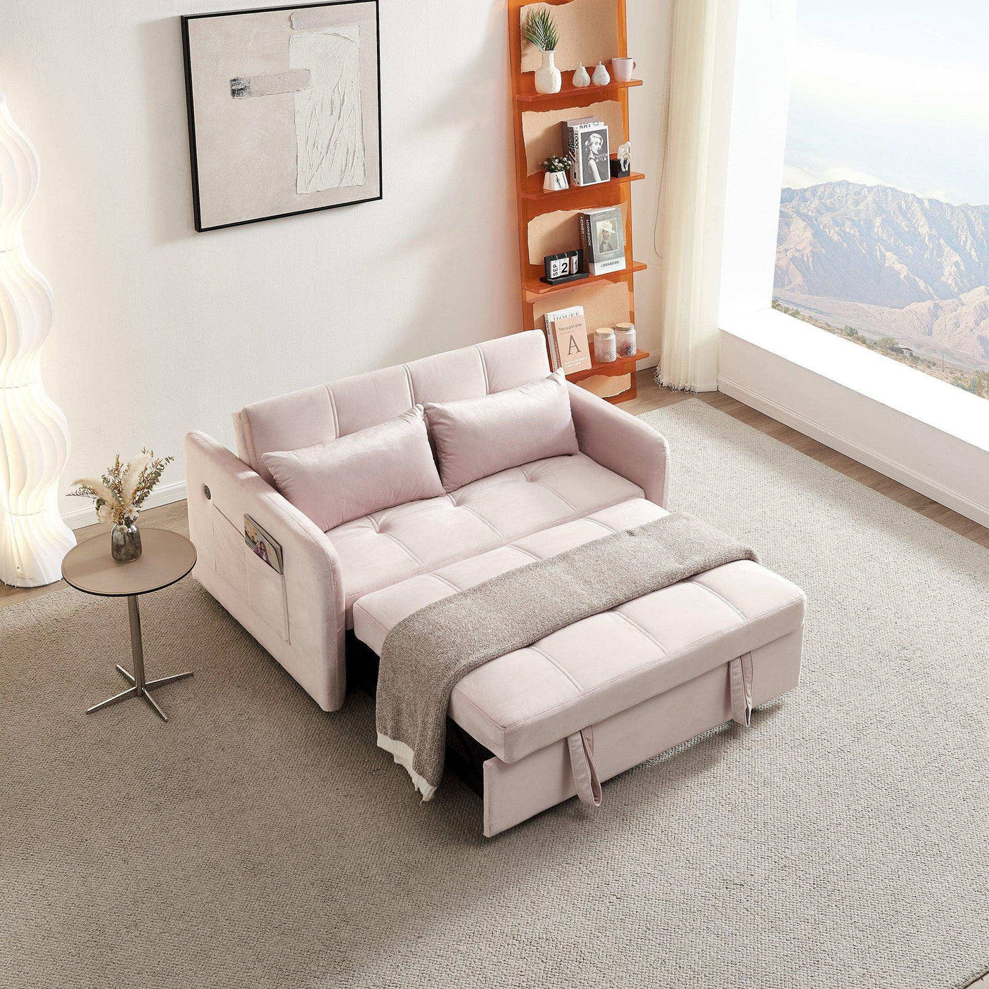Twin Sofa Bed, 55.5" Tufted Pull Out, Pink Velvet