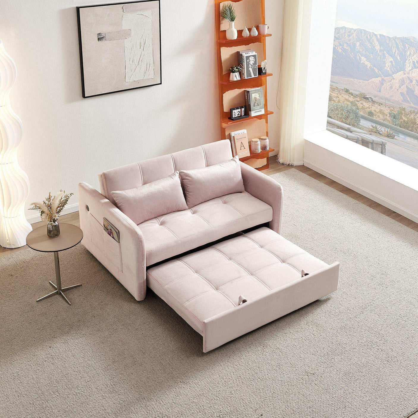Twin Sofa Bed, 55.5" Tufted Pull Out, Pink Velvet