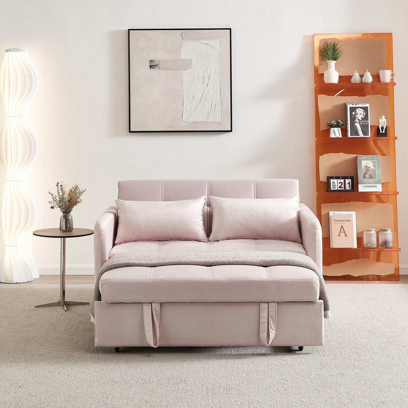 Twin Sofa Bed, 55.5" Tufted Pull Out, Pink Velvet