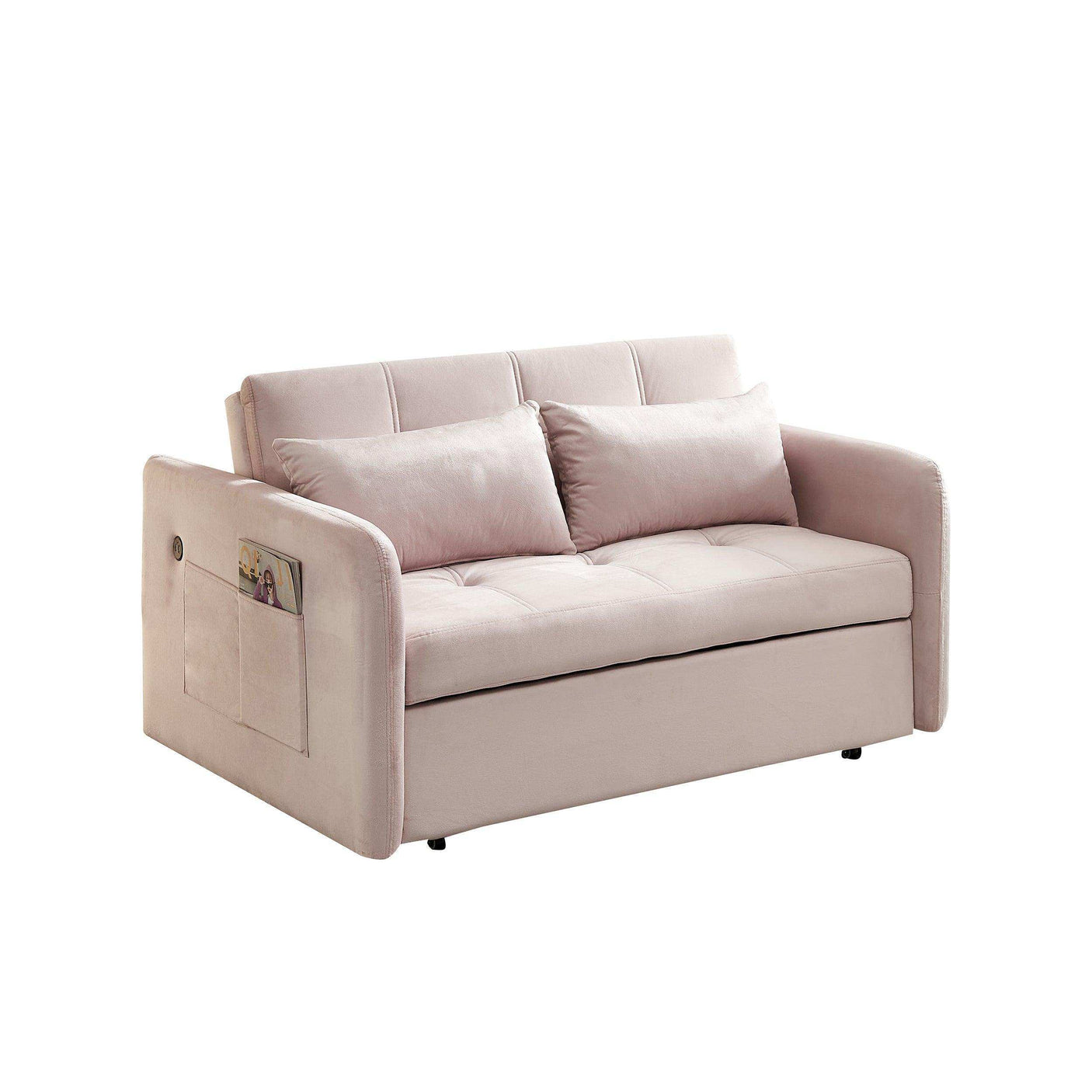 Twin Sofa Bed, 55.5" Tufted Pull Out, Pink Velvet