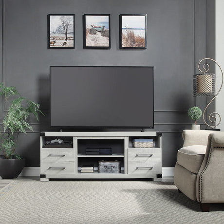 white TV stand with drawers and contemporary bar pull hardware
