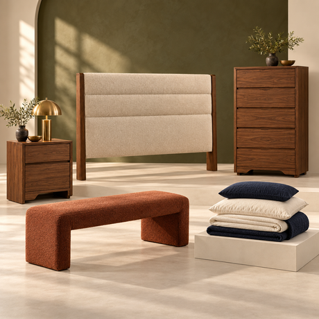 Collection of bedroom furniture including a headboard, nightstand, dresser, bench and bedding