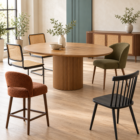 Dining furniture collection with extendable table, mixed chairs, counter stool and sideboard