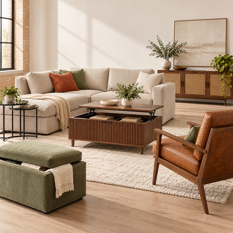 Living room collection with sectional, storage table, accent chair, ottoman and media console