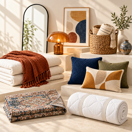 Rug, mattress topper, bedding, pillows, lighting, mirror and home décor collection