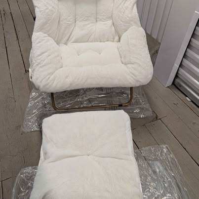 White Faux Fur Saucer Chair with Ottoman