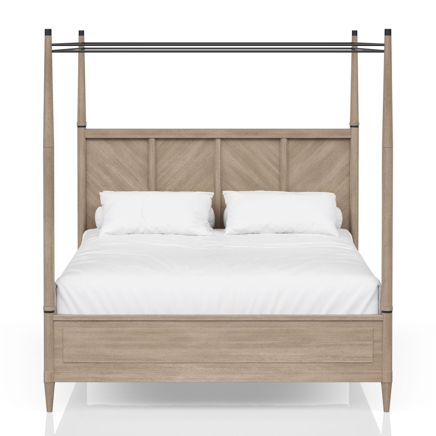 King Canopy Bed, Herringbone Pattern Headboard, Sand Finish