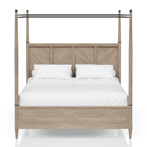 King Canopy Bed, Herringbone Pattern Headboard, Sand Finish